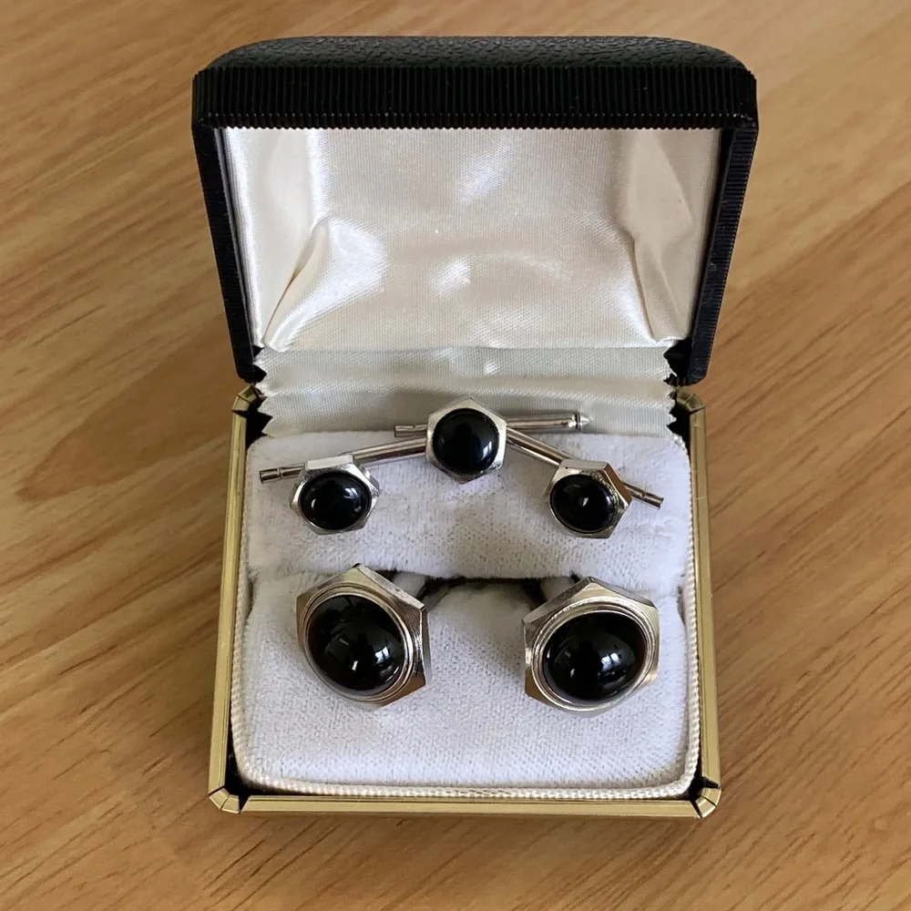 Silvertone Black Cufflinks and Shirt Stud Set
